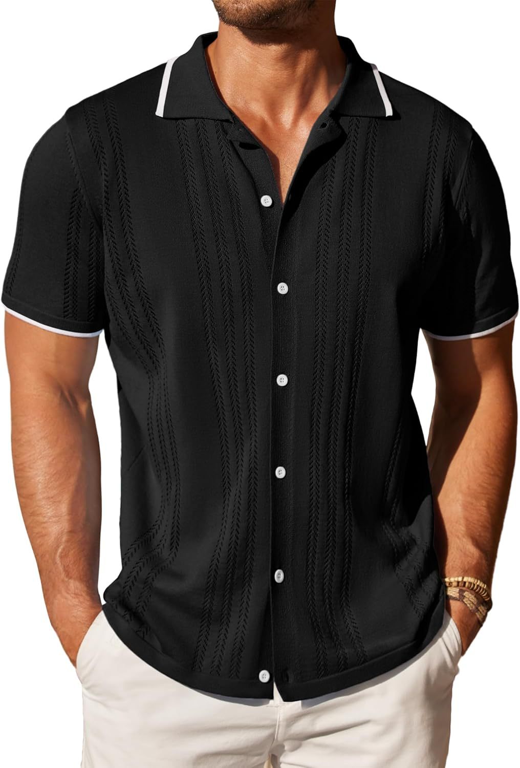COOFANDY Mens Knit Button Down Shirt Short Sleeve Summer Casual Shirts Vintage Beach Vacation Shirts