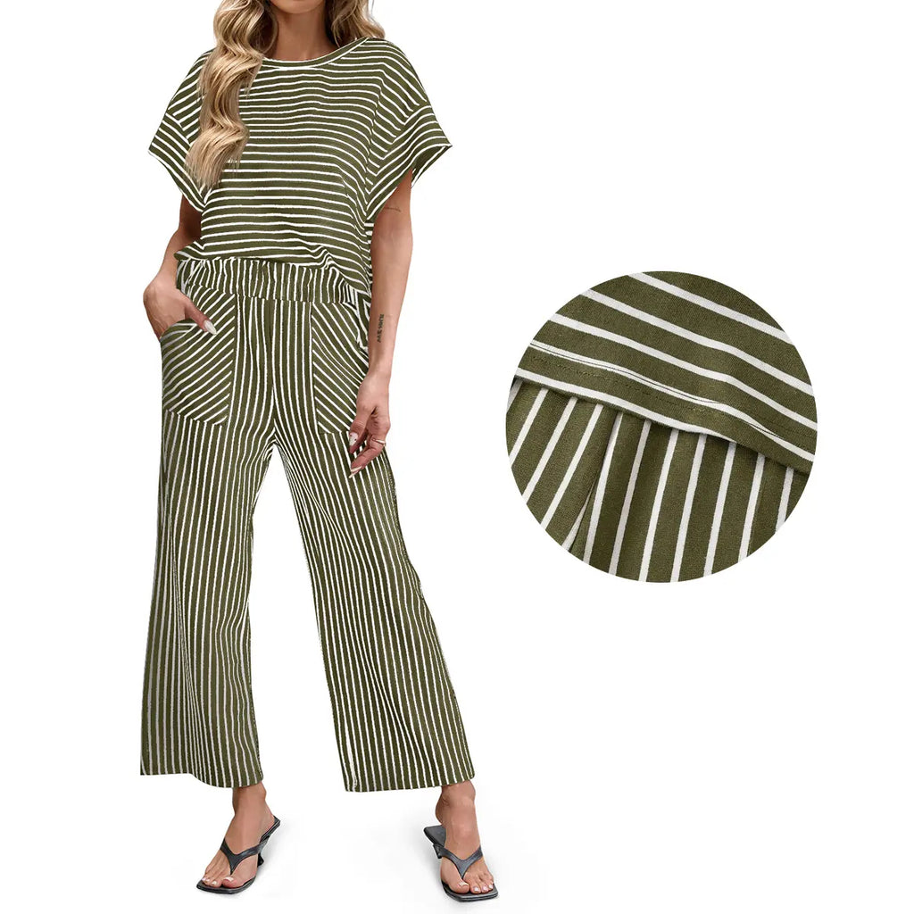Tankaneo Womens Striped 2 Piece Sets Short Sleeve T Shirts Wide Leg Pants Matching Lounge Set with Pockets