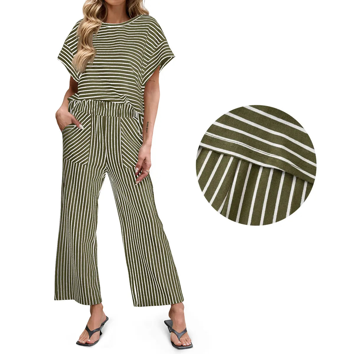 Tankaneo Womens Striped 2 Piece Sets Short Sleeve T Shirts Wide Leg Pants Matching Lounge Set with Pockets