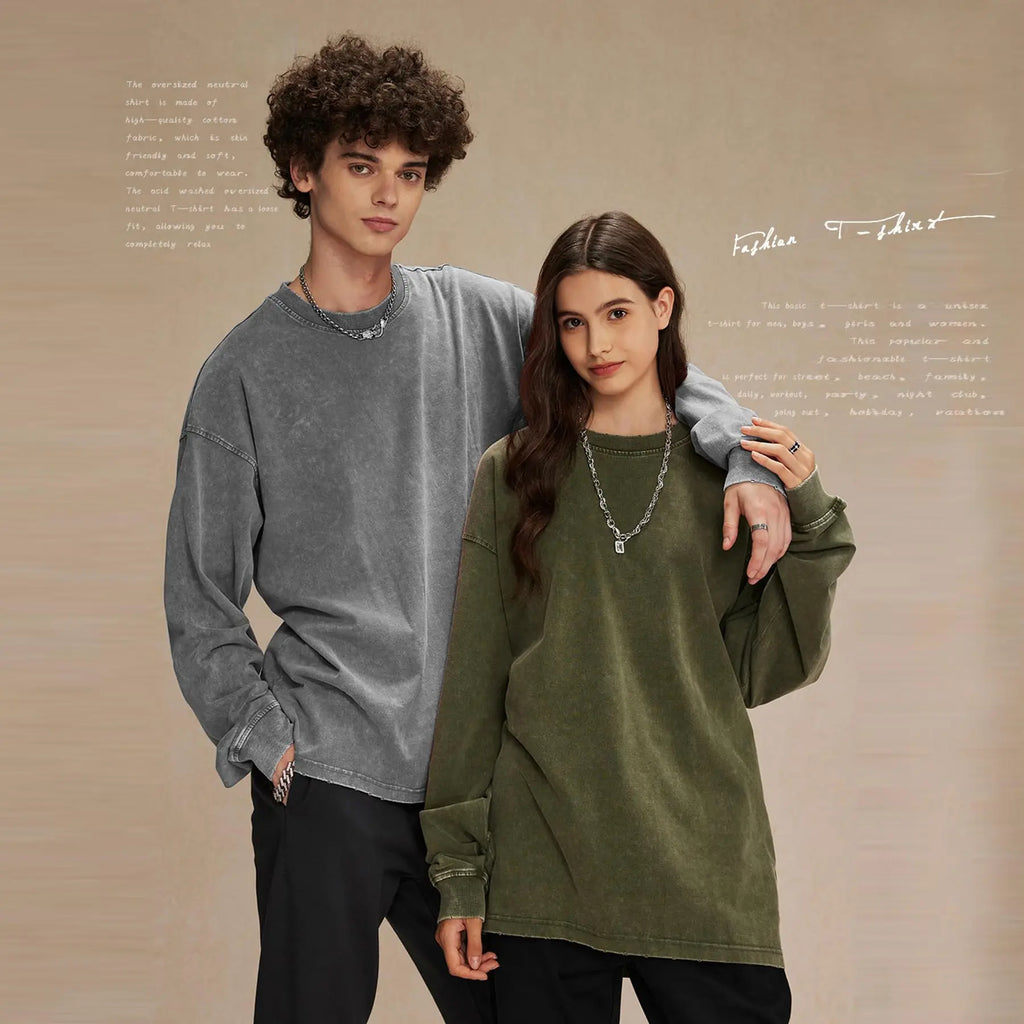 Arssm Unisex Long Sleeve T-Shirt – Vintage Acid Wash Baggy Cotton Tee for Streetwear, Casual Outfits & Layering