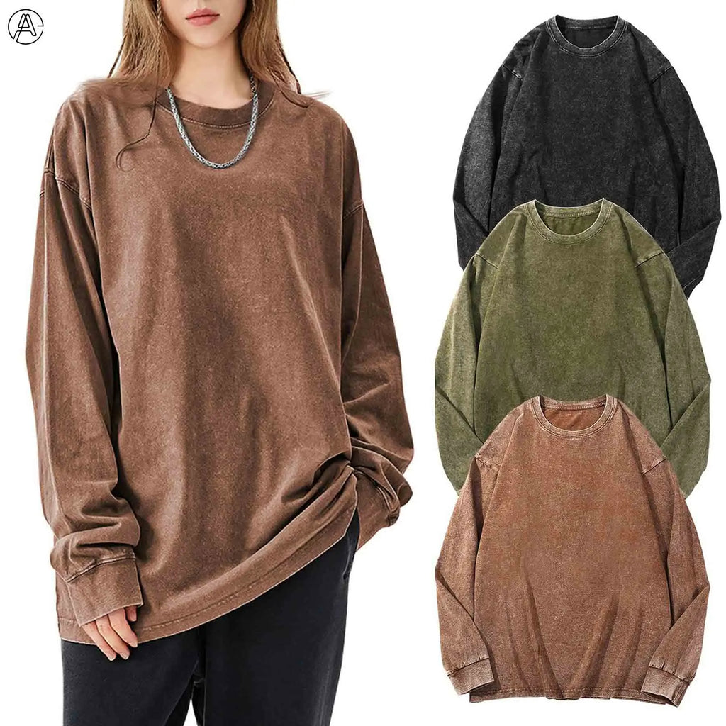 Arssm Unisex Long Sleeve T-Shirt – Vintage Acid Wash Baggy Cotton Tee for Streetwear, Casual Outfits & Layering