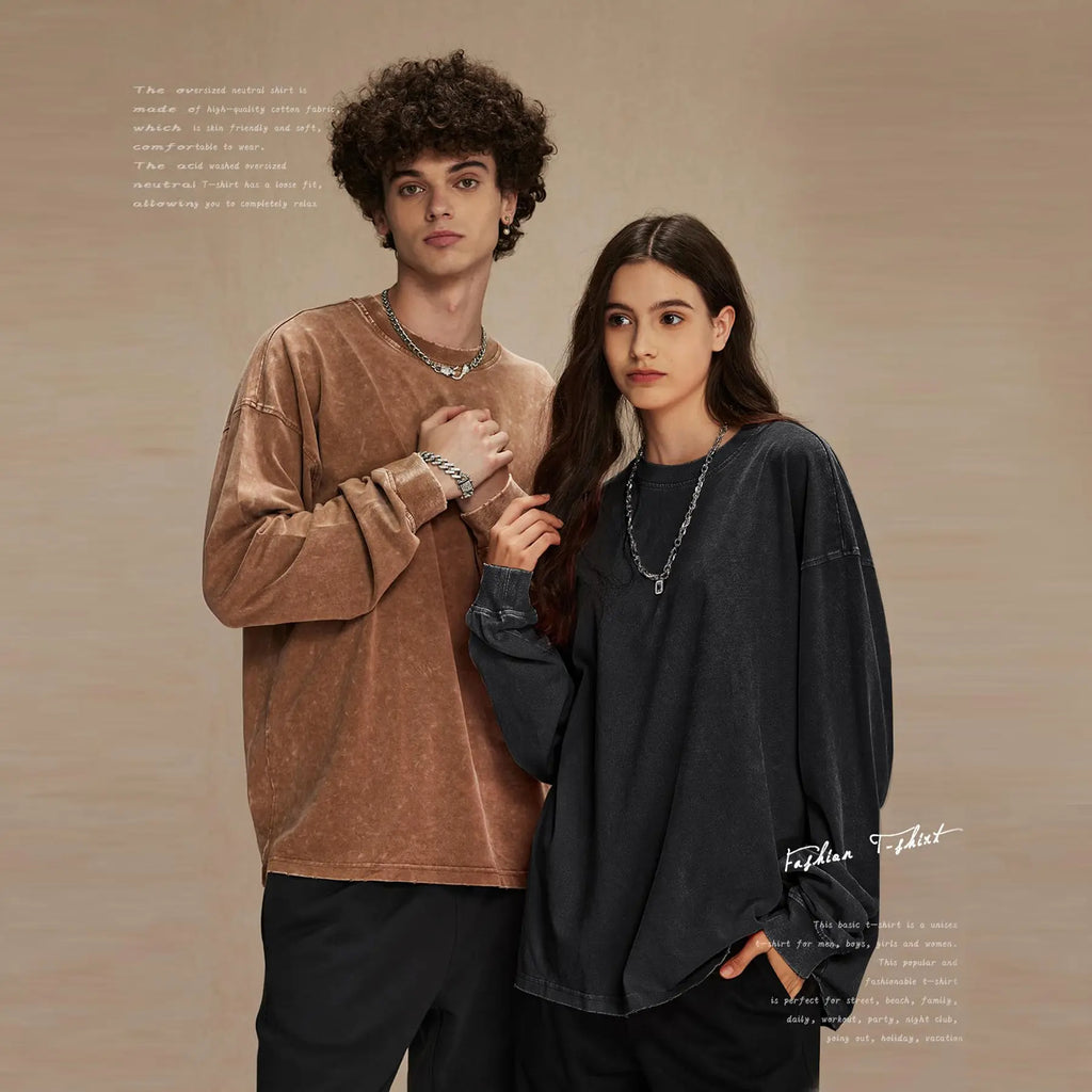 Arssm Unisex Long Sleeve T-Shirt – Vintage Acid Wash Baggy Cotton Tee for Streetwear, Casual Outfits & Layering