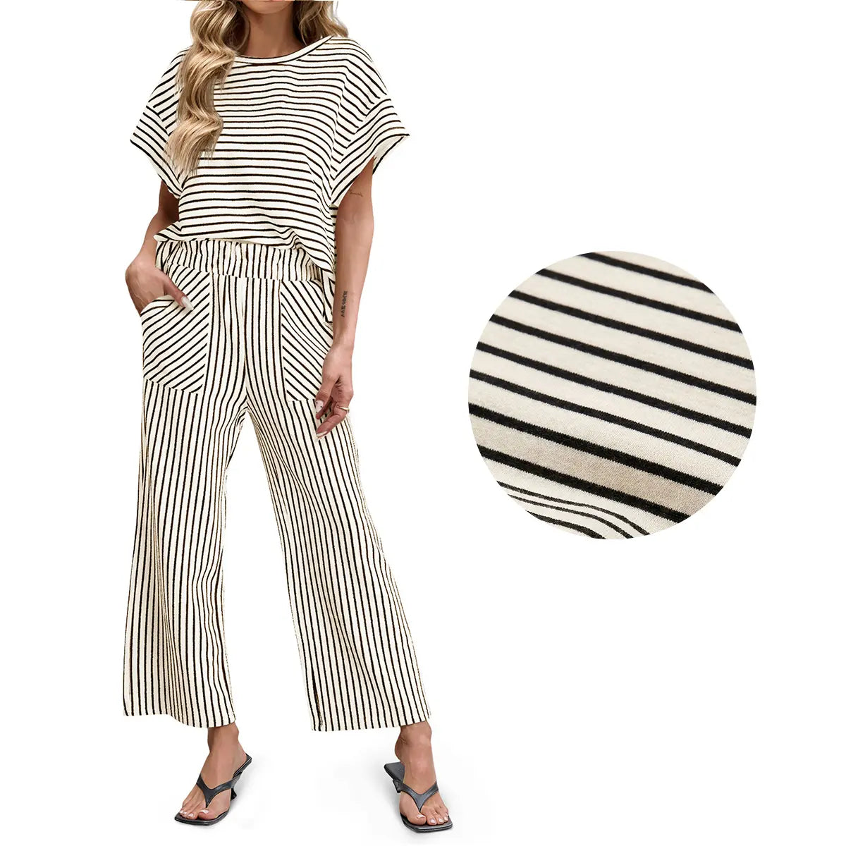 Tankaneo Womens Striped 2 Piece Sets Short Sleeve T Shirts Wide Leg Pants Matching Lounge Set with Pockets