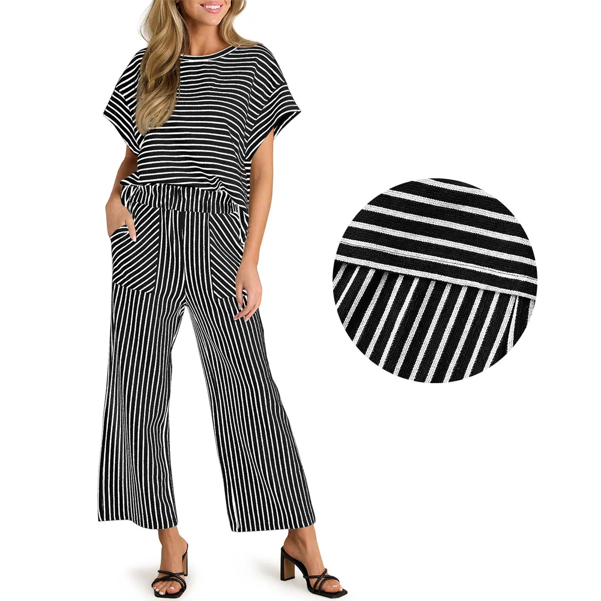 Tankaneo Womens Striped 2 Piece Sets Short Sleeve T Shirts Wide Leg Pants Matching Lounge Set with Pockets