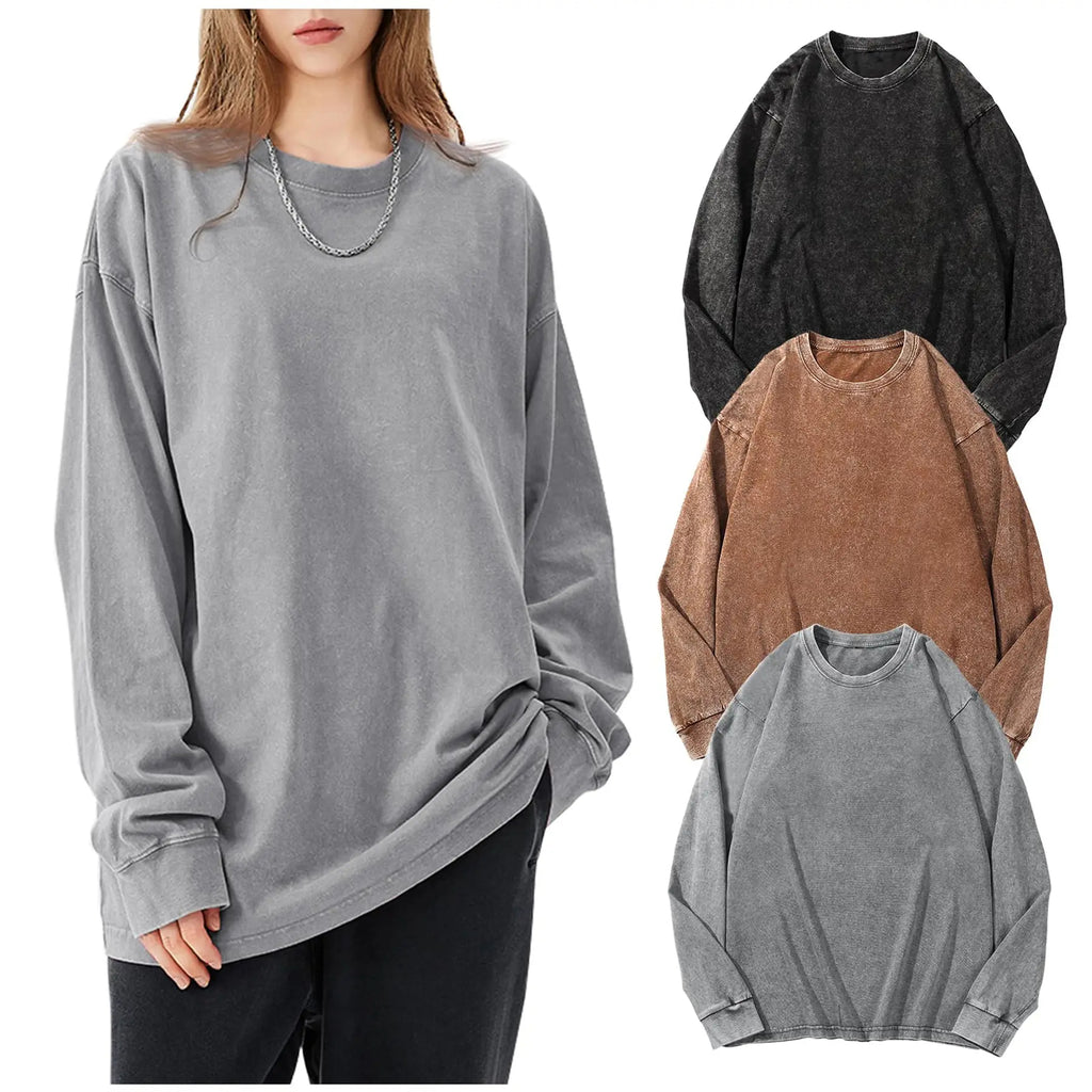 Arssm Unisex Long Sleeve T-Shirt – Vintage Acid Wash Baggy Cotton Tee for Streetwear, Casual Outfits & Layering