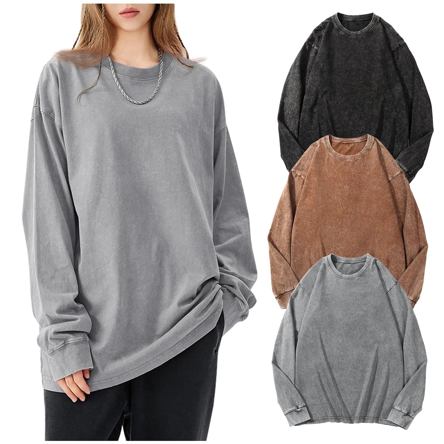 Arssm Unisex Long Sleeve T-Shirt – Vintage Acid Wash Baggy Cotton Tee for Streetwear, Casual Outfits & Layering