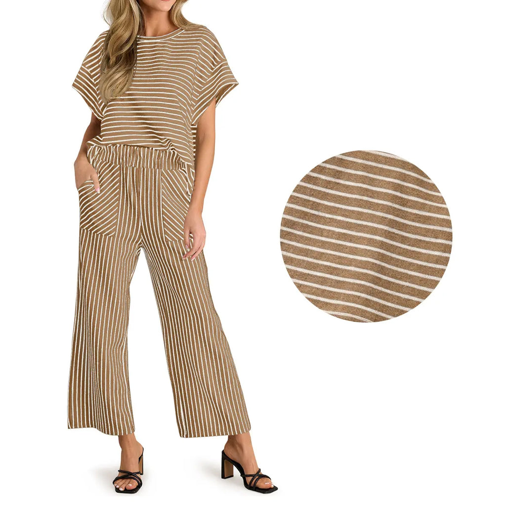 Tankaneo Womens Striped 2 Piece Sets Short Sleeve T Shirts Wide Leg Pants Matching Lounge Set with Pockets
