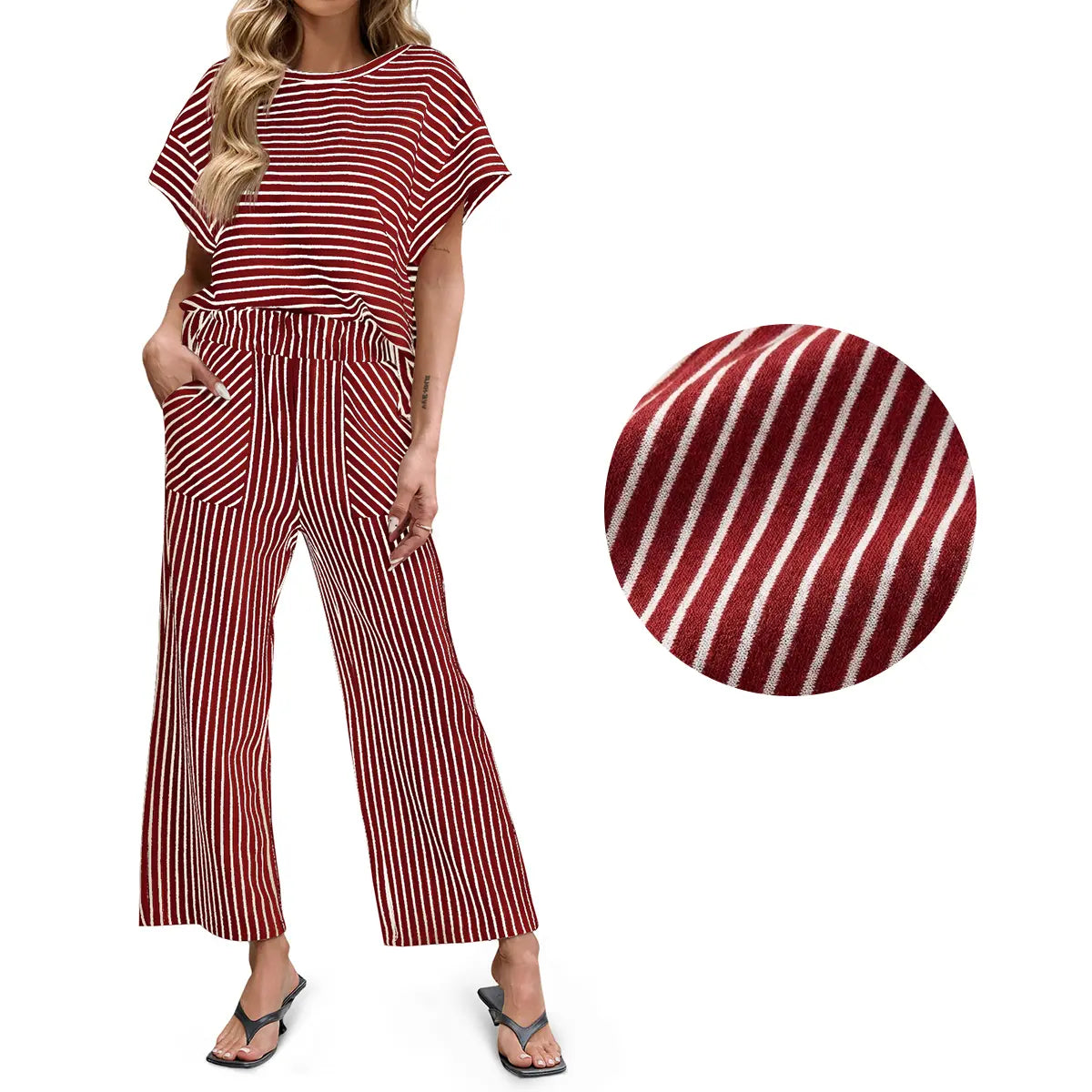 Tankaneo Womens Striped 2 Piece Sets Short Sleeve T Shirts Wide Leg Pants Matching Lounge Set with Pockets