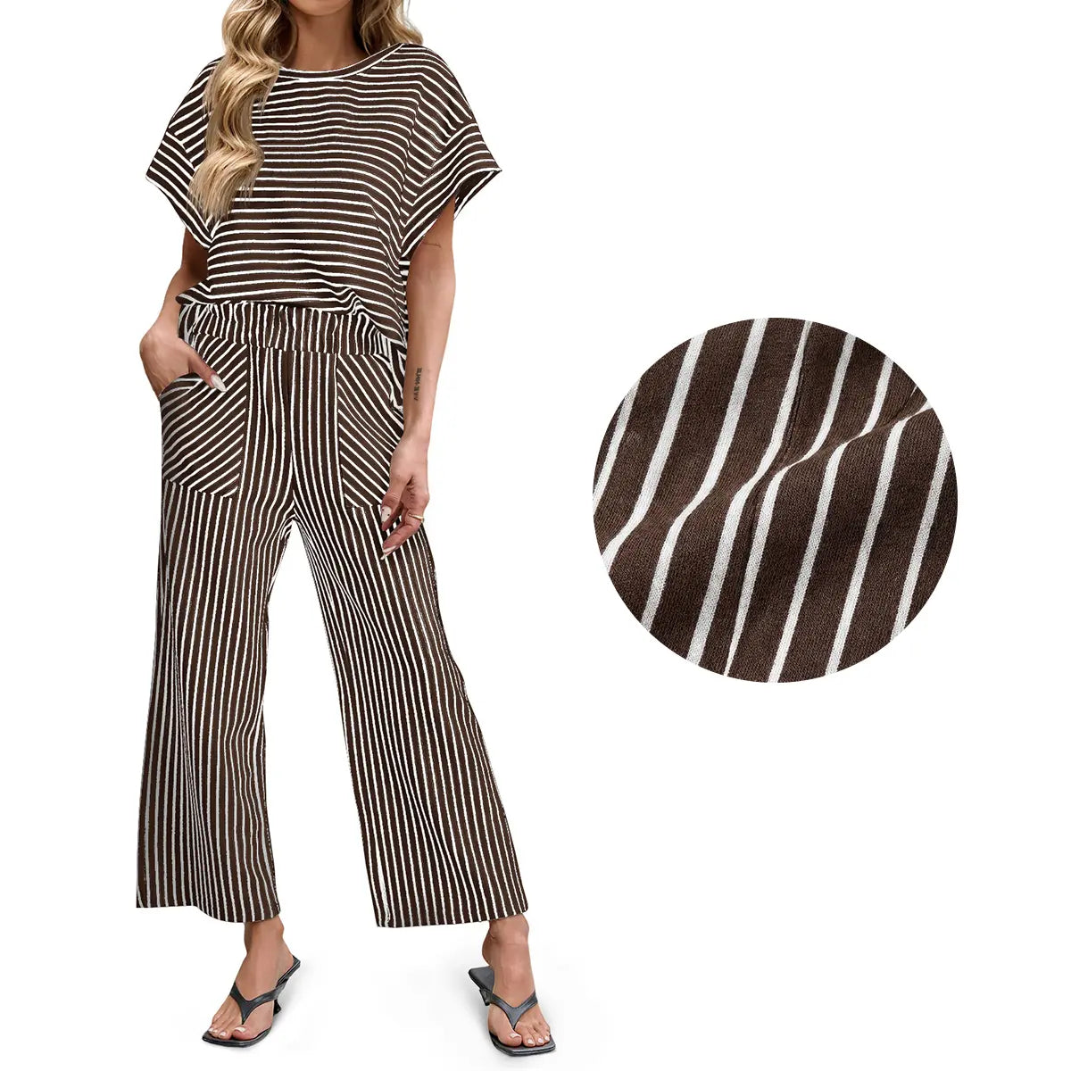 Tankaneo Womens Striped 2 Piece Sets Short Sleeve T Shirts Wide Leg Pants Matching Lounge Set with Pockets