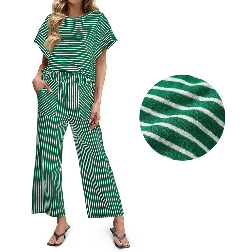 Tankaneo Womens Striped 2 Piece Sets Short Sleeve T Shirts Wide Leg Pants Matching Lounge Set with Pockets
