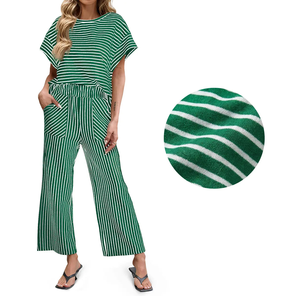 Tankaneo Womens Striped 2 Piece Sets Short Sleeve T Shirts Wide Leg Pants Matching Lounge Set with Pockets