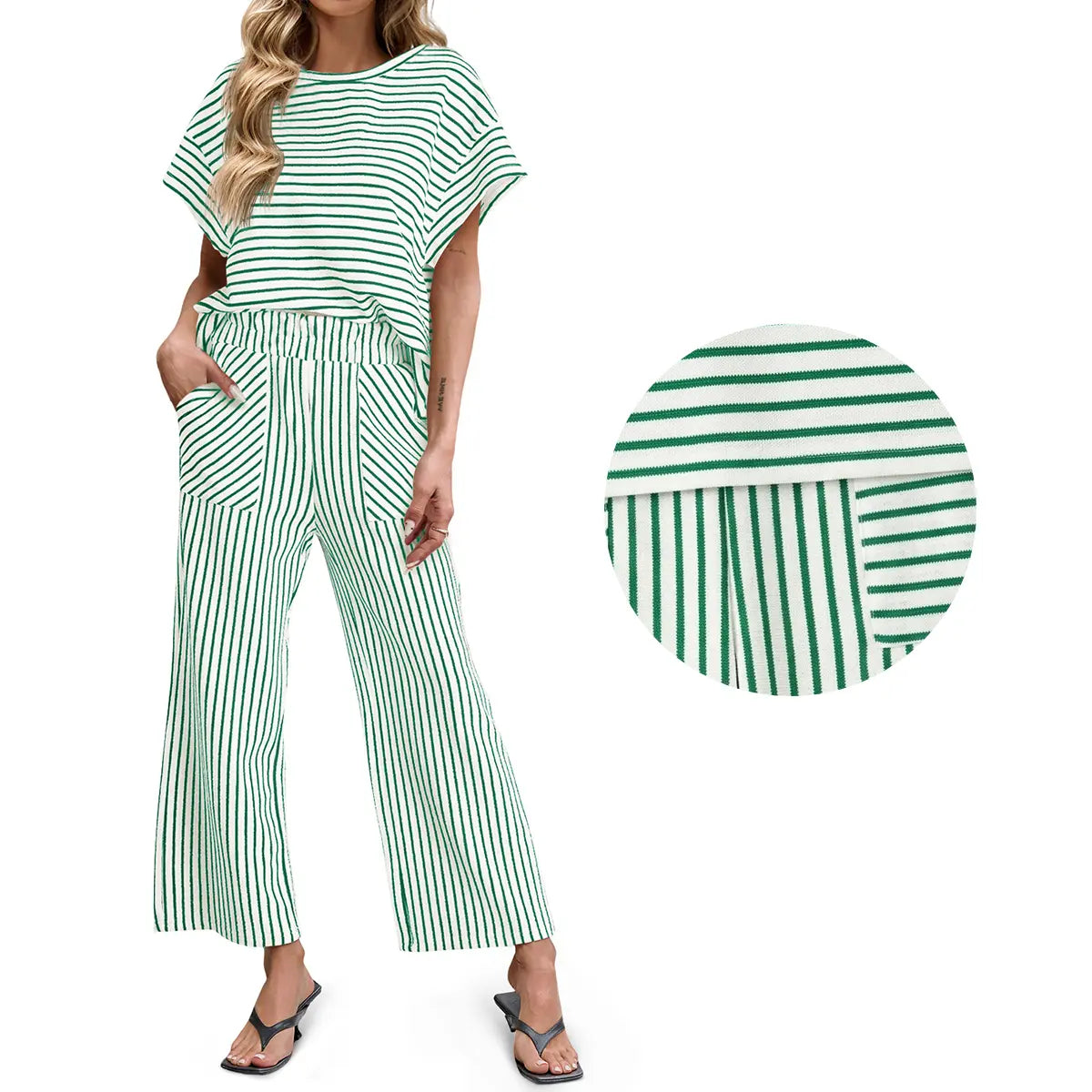 Tankaneo Womens Striped 2 Piece Sets Short Sleeve T Shirts Wide Leg Pants Matching Lounge Set with Pockets