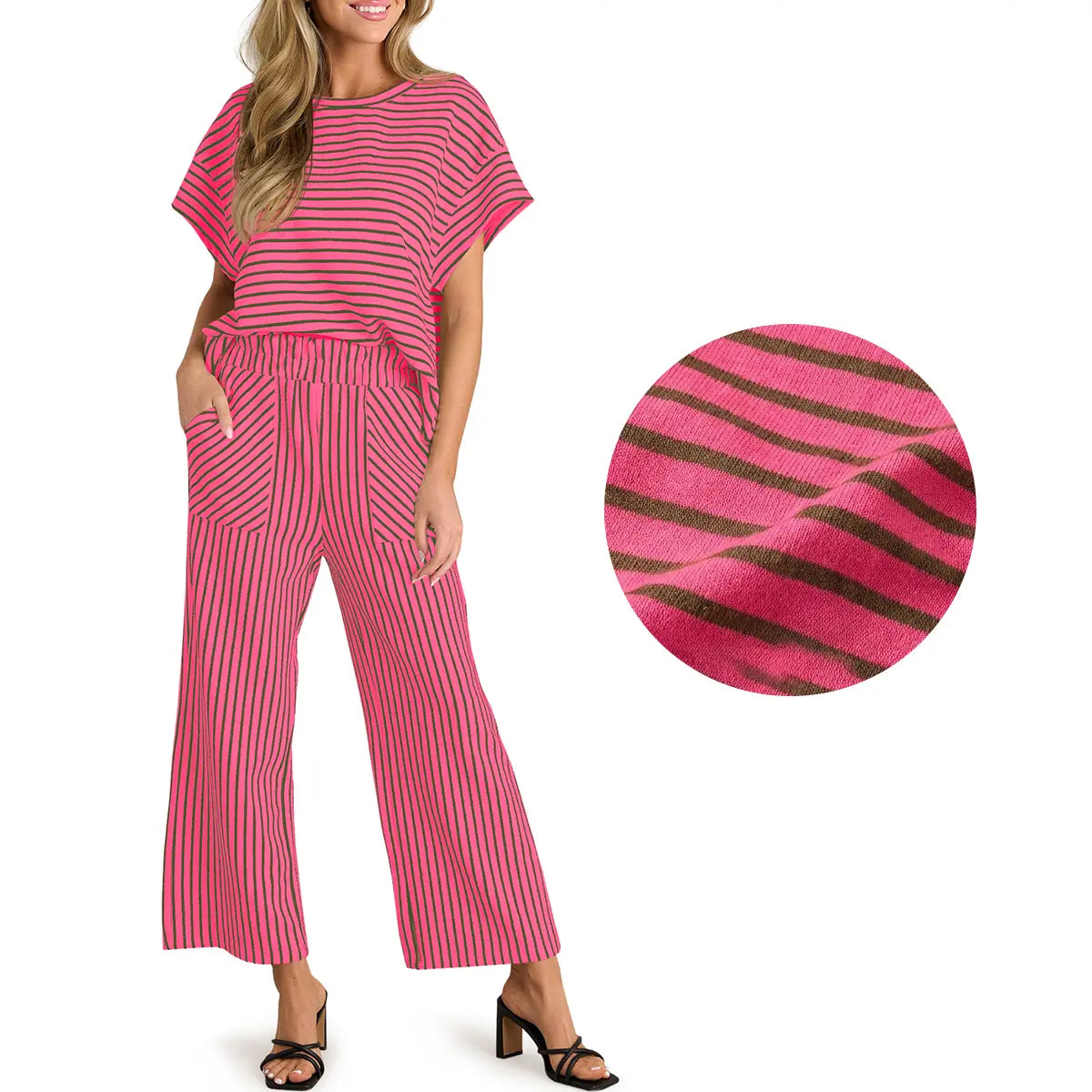Tankaneo Womens Striped 2 Piece Sets Short Sleeve T Shirts Wide Leg Pants Matching Lounge Set with Pockets