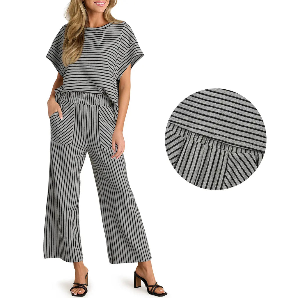 Tankaneo Womens Striped 2 Piece Sets Short Sleeve T Shirts Wide Leg Pants Matching Lounge Set with Pockets