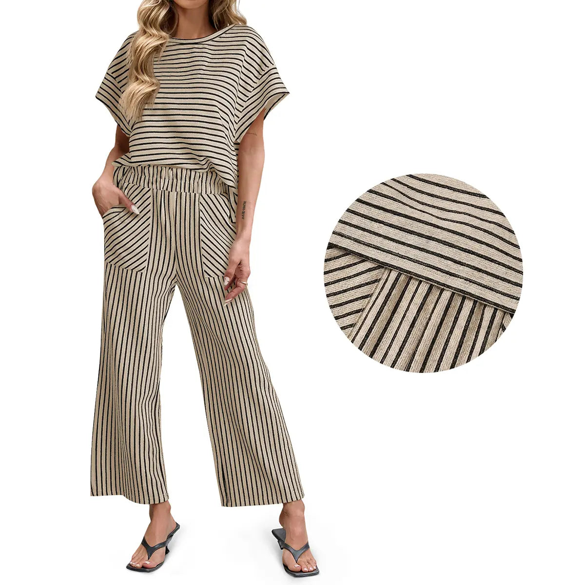 Tankaneo Womens Striped 2 Piece Sets Short Sleeve T Shirts Wide Leg Pants Matching Lounge Set with Pockets