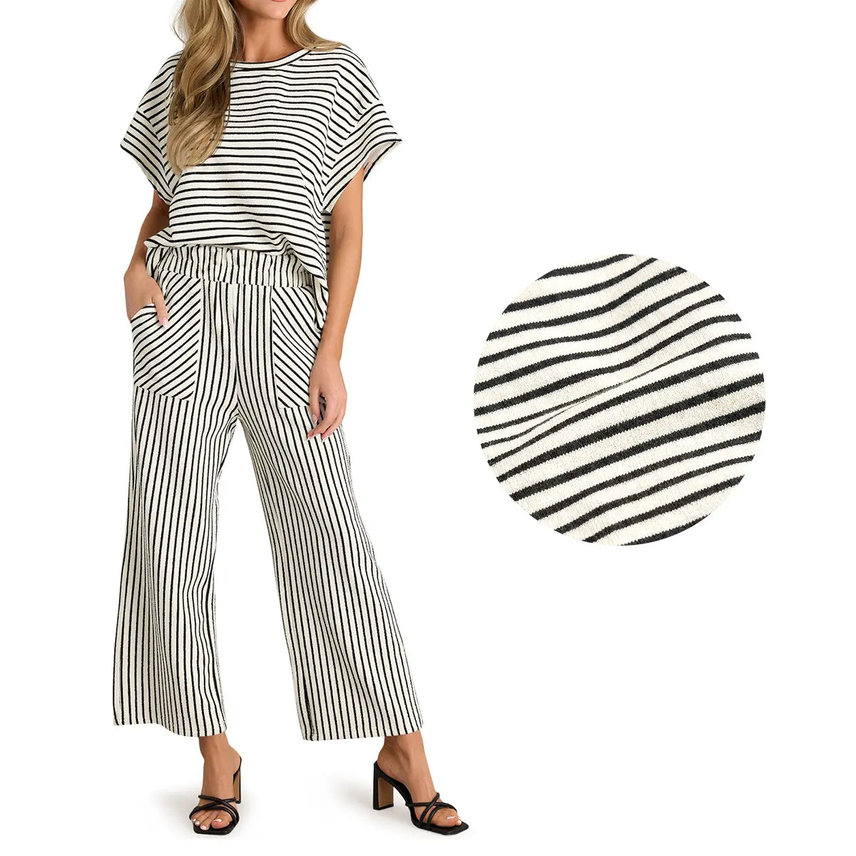 Tankaneo Womens Striped 2 Piece Sets Short Sleeve T Shirts Wide Leg Pants Matching Lounge Set with Pockets