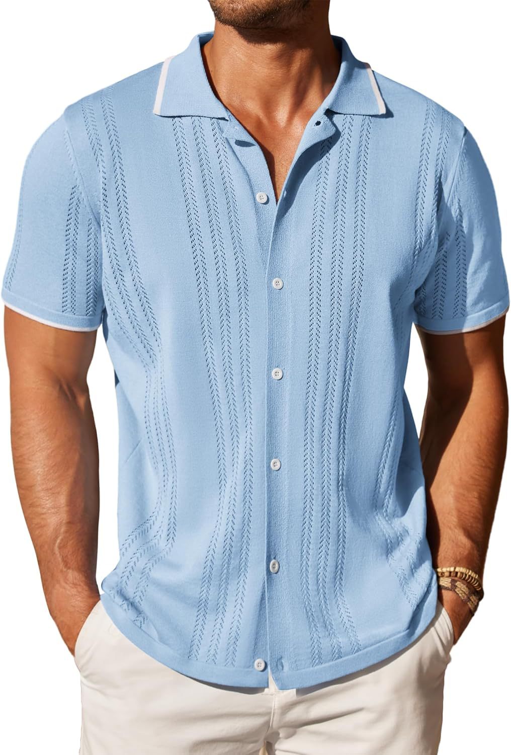 COOFANDY Mens Knit Button Down Shirt Short Sleeve Summer Casual Shirts Vintage Beach Vacation Shirts