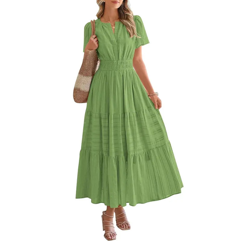 BTFBM Women's Summer 2026 Casual Maxi Dress Lightweight Short Sleeve V Neck Boho Dress with Pockets #Outdoorfun