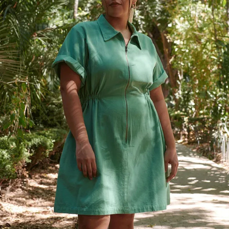 Women's Zipper Short Sleeve Dress with Pockets