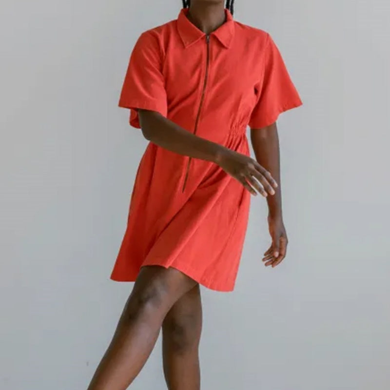 Women's Zipper Short Sleeve Dress with Pockets