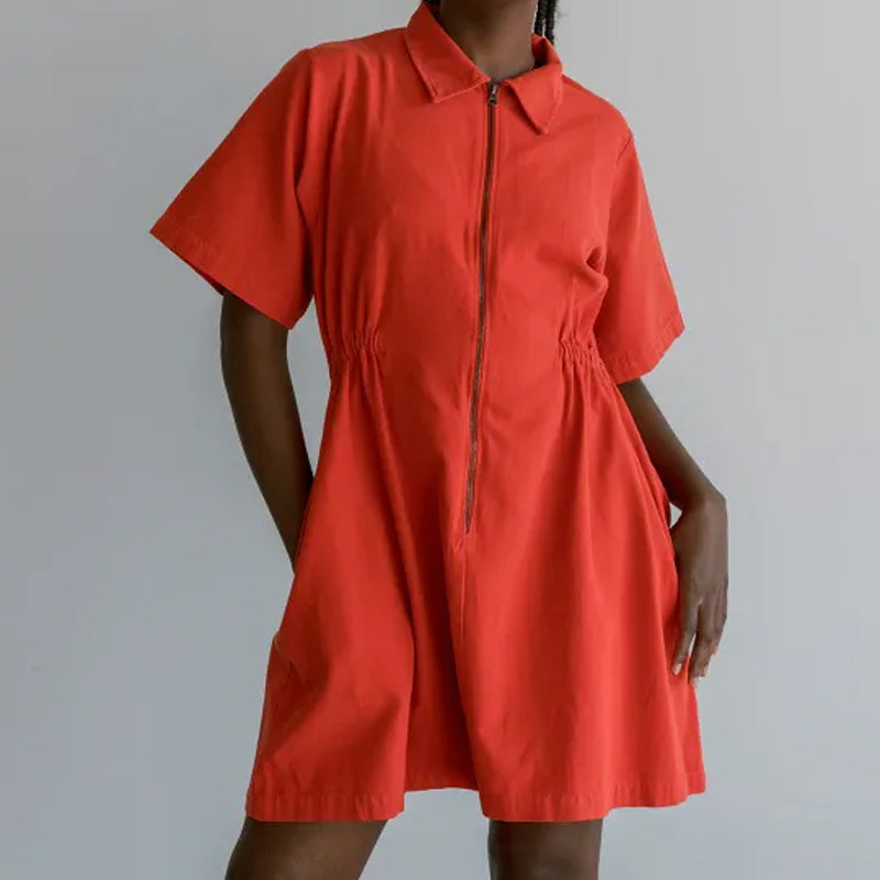Women's Zipper Short Sleeve Dress with Pockets