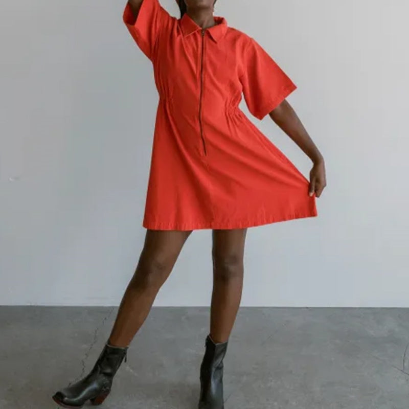 Women's Zipper Short Sleeve Dress with Pockets