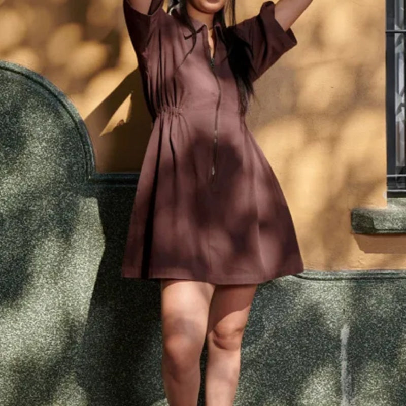 Women's Zipper Short Sleeve Dress with Pockets