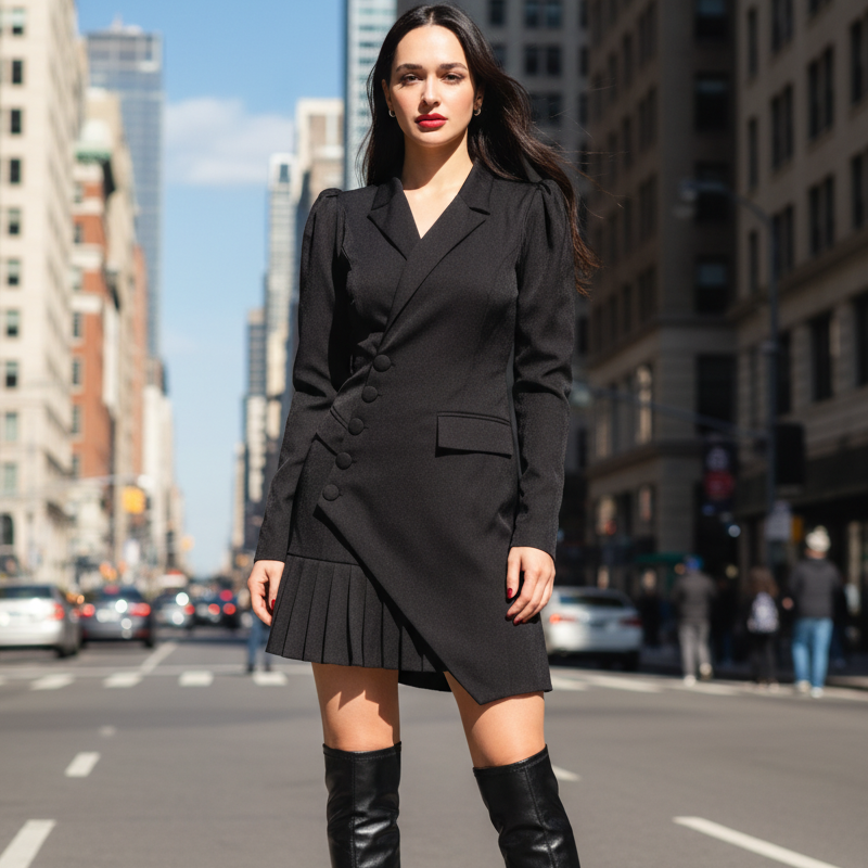 Button-Front Pleated Mini Blazer Dress