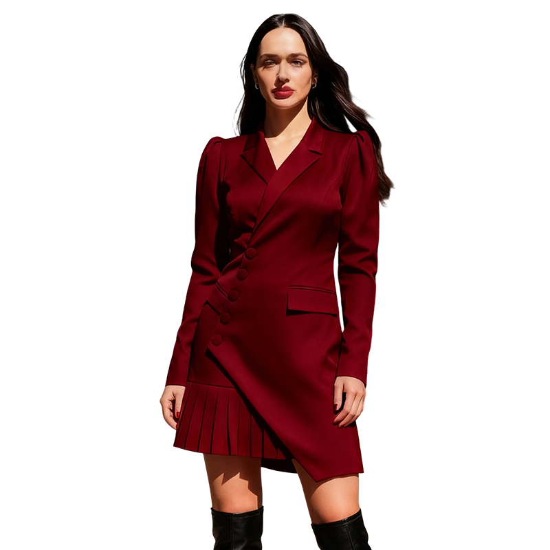 Button-Front Pleated Mini Blazer Dress