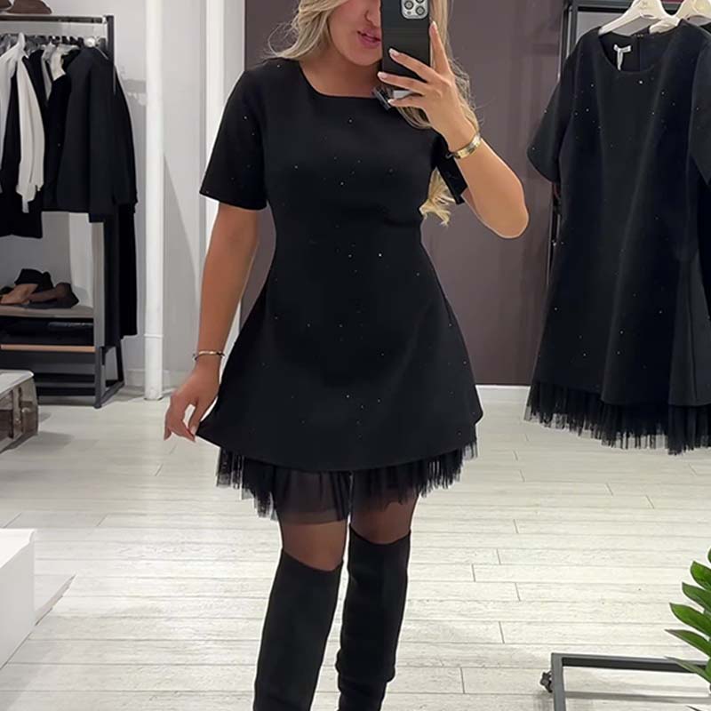 🔥Hot Sale Offers-Women’s Sparkling Lace Trim Short-Sleeve Mini Dress | Elegant & Shimmering