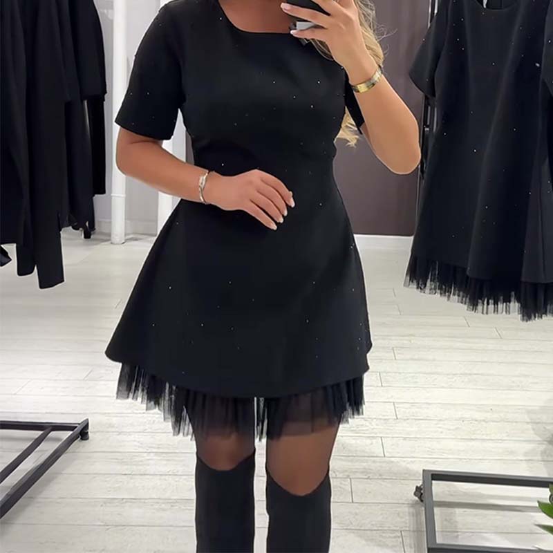🔥Hot Sale Offers-Women’s Sparkling Lace Trim Short-Sleeve Mini Dress | Elegant & Shimmering