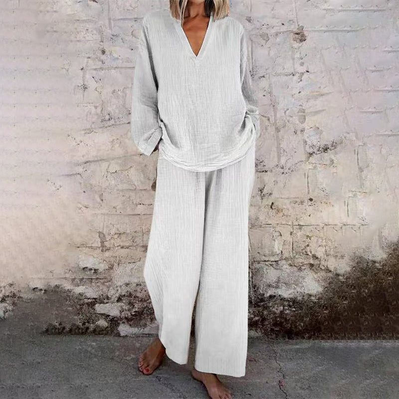 📢📢30% OFF !!!⏰Casual Solid Color V-Neck Long Sleeve Top & Wide-Leg Pants Set