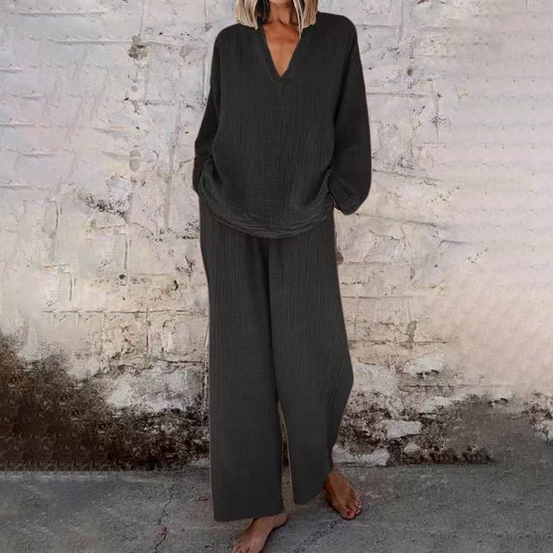 📢📢30% OFF !!!⏰Casual Solid Color V-Neck Long Sleeve Top & Wide-Leg Pants Set