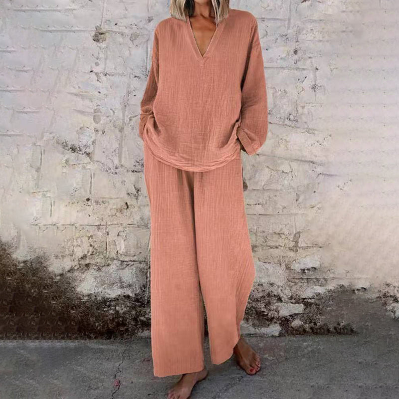 📢📢30% OFF !!!⏰Casual Solid Color V-Neck Long Sleeve Top & Wide-Leg Pants Set