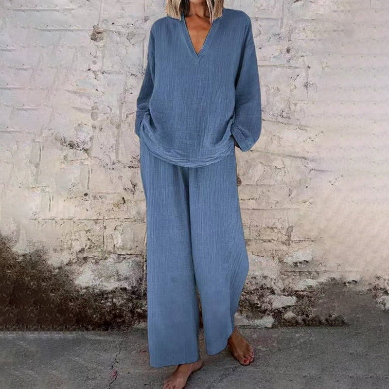 📢📢30% OFF !!!⏰Casual Solid Color V-Neck Long Sleeve Top & Wide-Leg Pants Set
