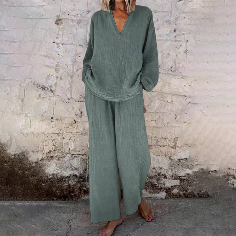 📢📢30% OFF !!!⏰Casual Solid Color V-Neck Long Sleeve Top & Wide-Leg Pants Set