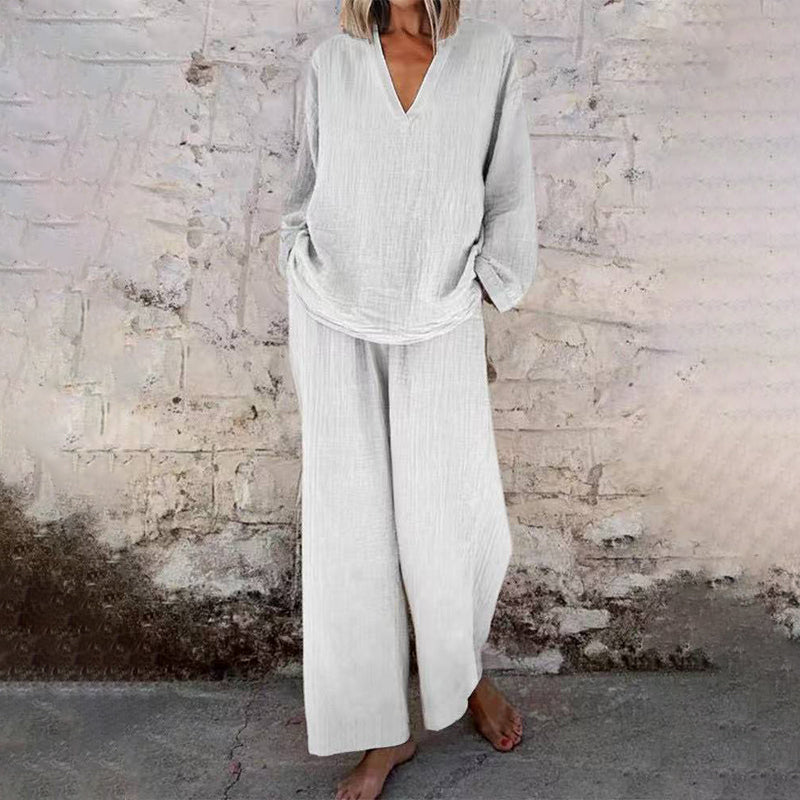 📢📢30% OFF !!!⏰Casual Solid Color V-Neck Long Sleeve Top & Wide-Leg Pants Set