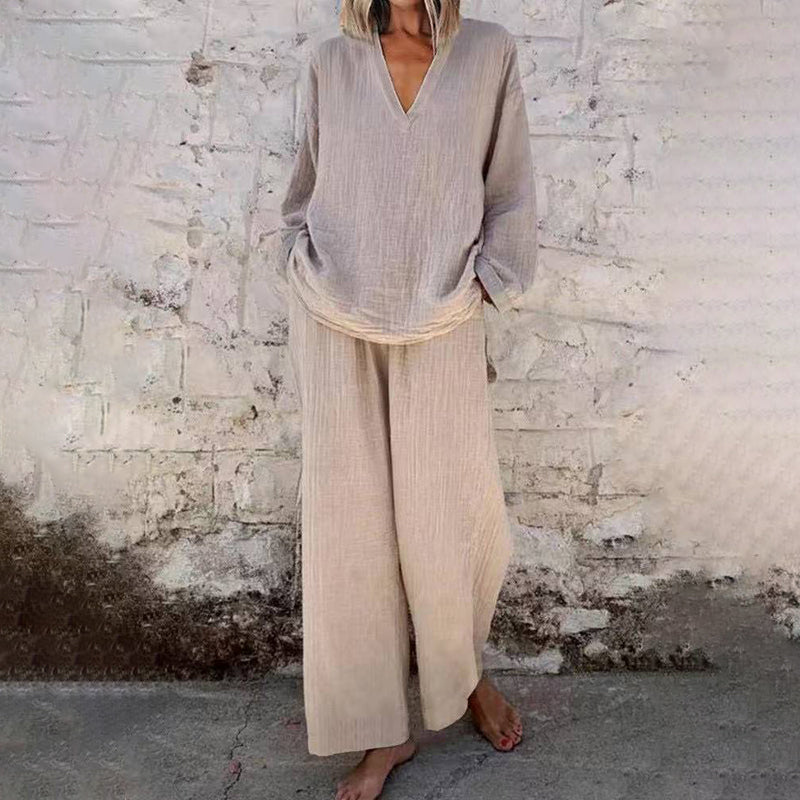 📢📢30% OFF !!!⏰Casual Solid Color V-Neck Long Sleeve Top & Wide-Leg Pants Set